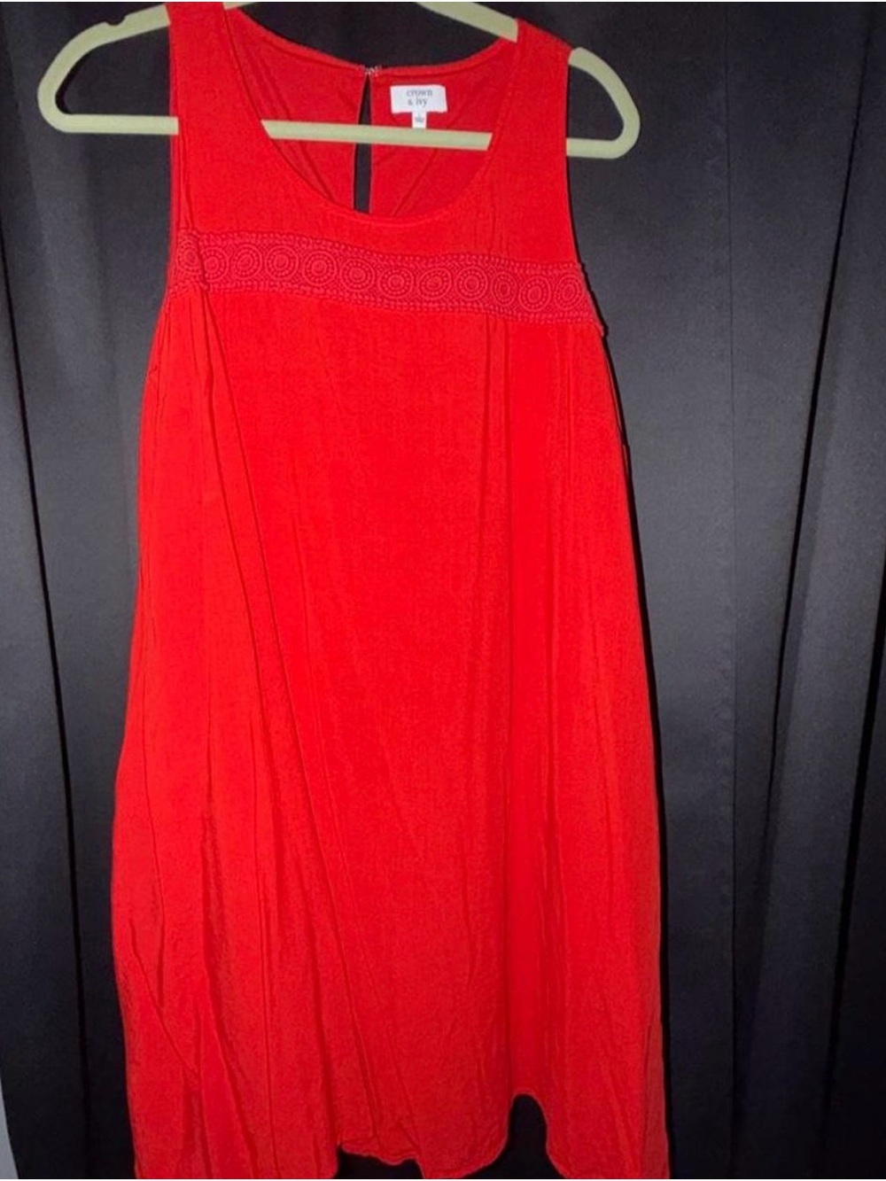 crown & ivy bright red sleeveless swing dress with decorative band